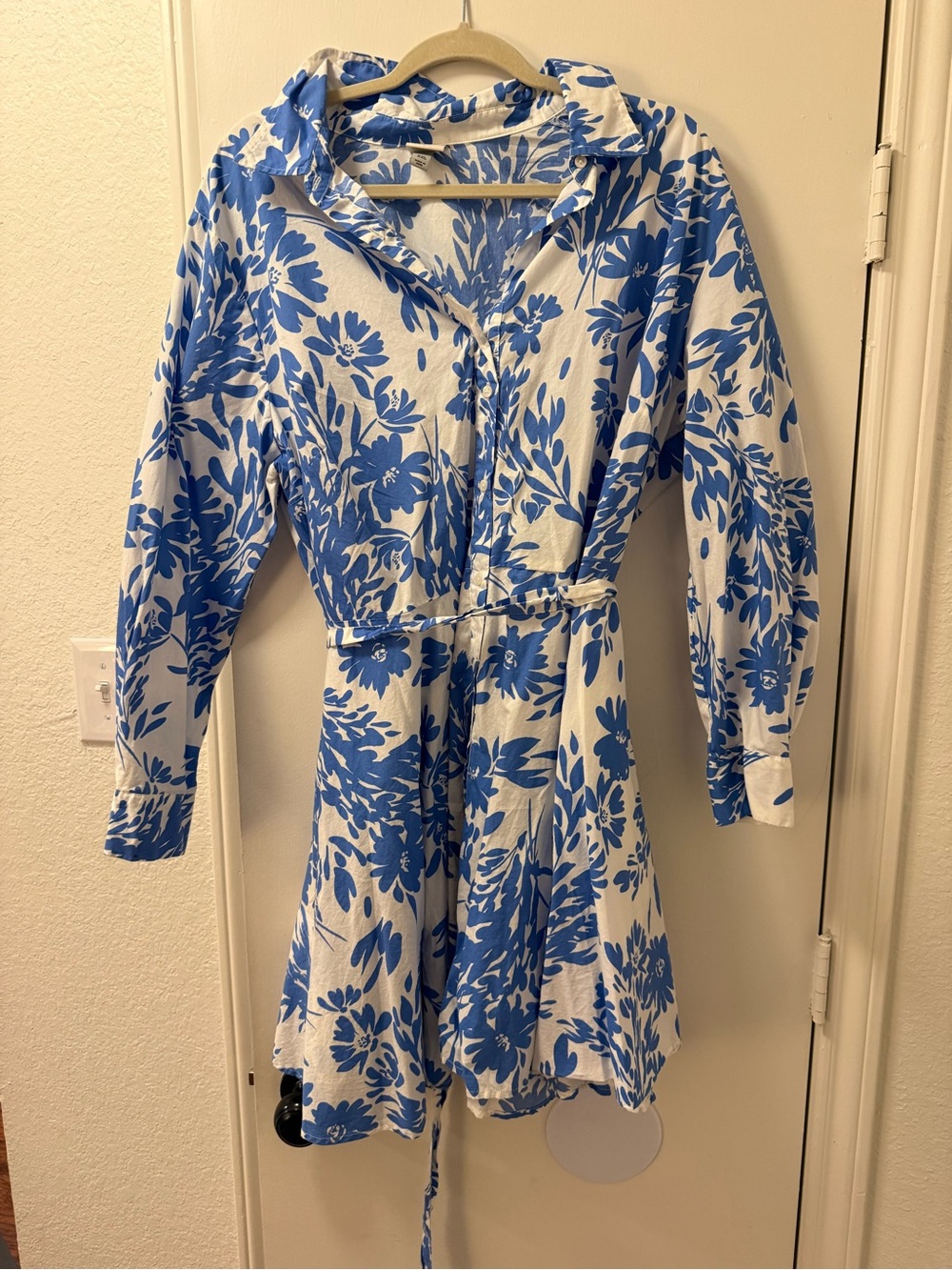 Blue and White Floral Long Sleeve Shirt Dress